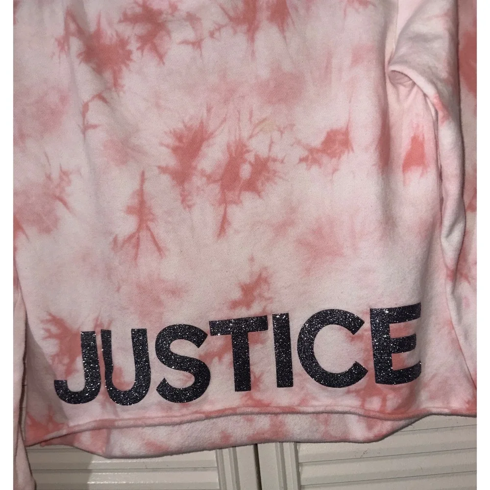 Justice Active Pink Tie Dye Glitter Justice Spell‎ Out Hoodie Size 12/14 *FLAWS*